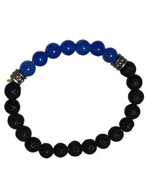 Lava Stone Blue Bead Stretch Bracelet Silver Tone Accents Fashion Jewelry Women